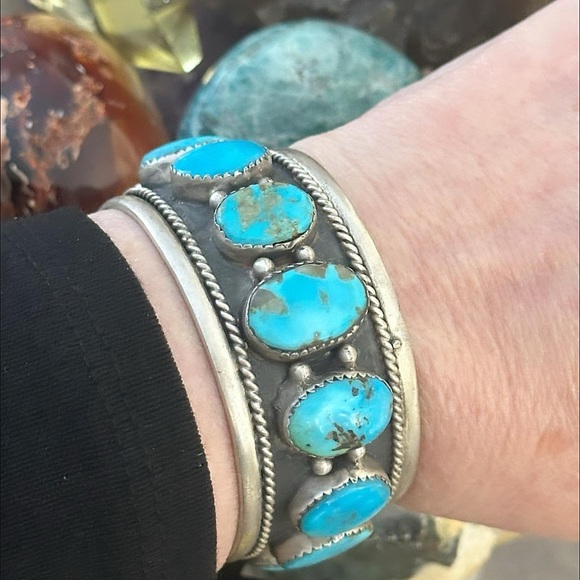 Turquoise  unisex men's sterling silver southwestern cuff - Picture 7 of 14